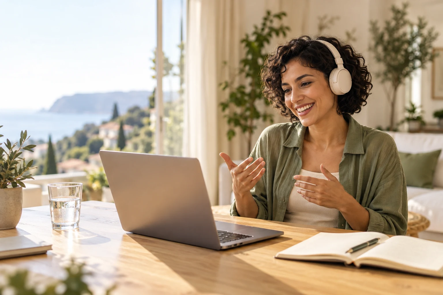 Una mujer con auriculares practica una conversación desde su portátil
