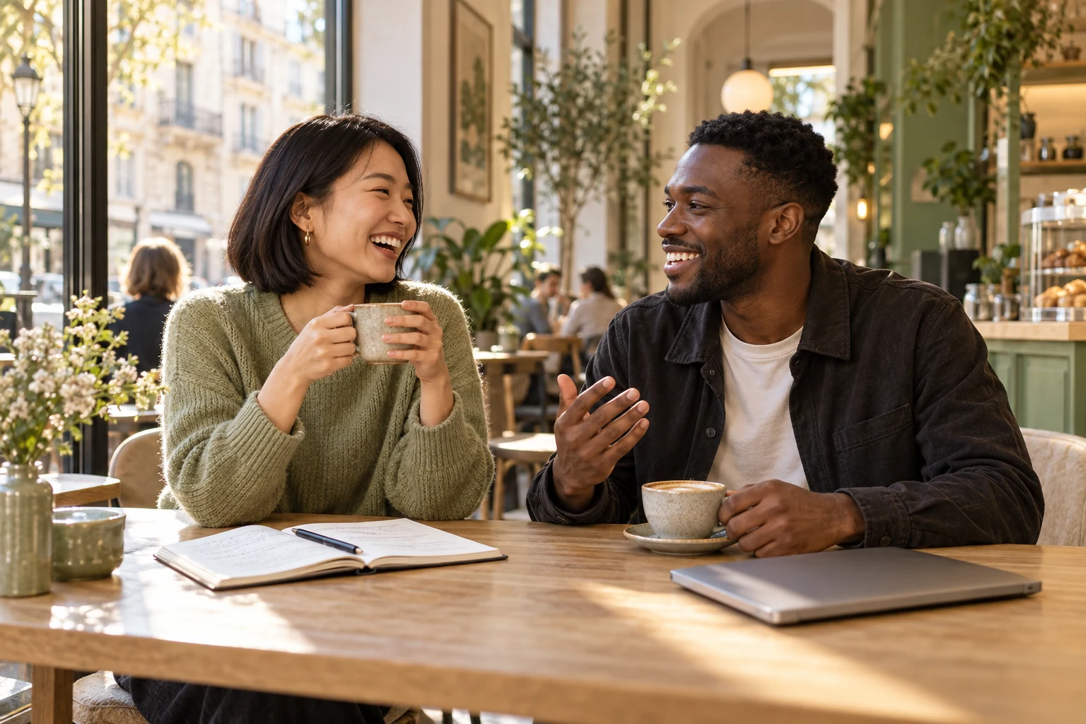 Dos amigos conversan en una cafetería luminosa